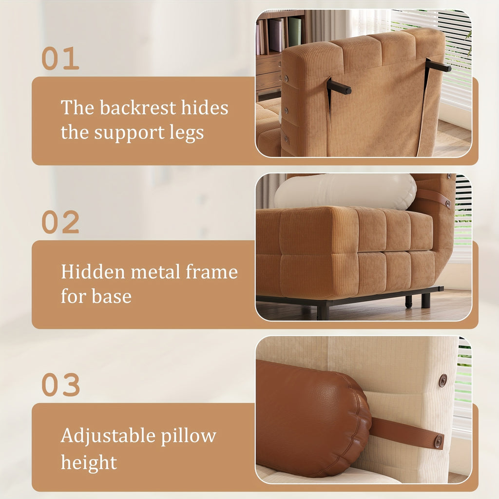 Convertible Single Sofa Bed | Foldable Chair Bed Sleeper with Adjustable Backrest & Pillow - Plush Corduroy Upholstery, Durable Metal Frame, Tufted Design for Living Room (Cream Beige/Brown)