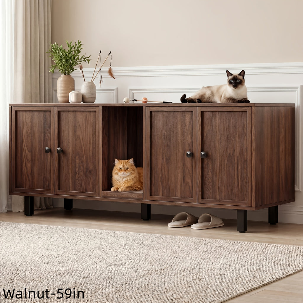 [Cat Litter Box Enclosure] 59 Inches Cat Litter Box Enclosure for 2 Cats, Hidden Litter Boxes Furniture with Cat Scratch Pad, Large Indoor Cat House with Double Room, Wooden TV Stand Side Table, Black