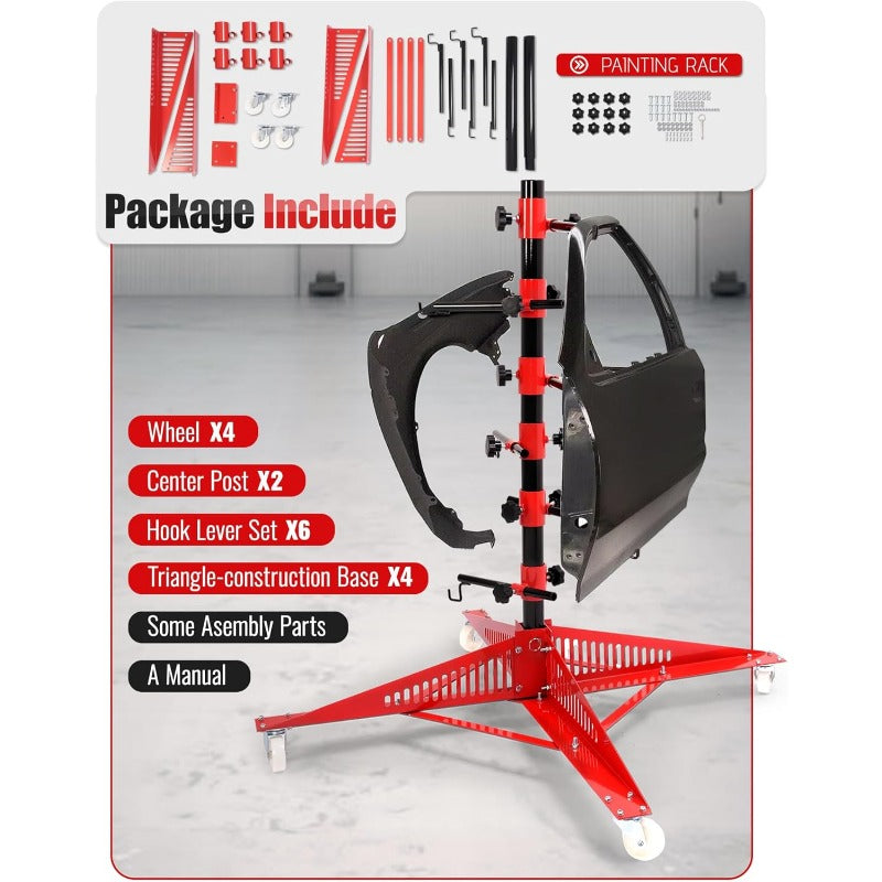 43" Panel Tree Paint Stand, 3-Angle 6 Adjustable Hook Levers, Panel Holder, Auto Accessories Repair Tools, w/4Wheels, Painting Rack for Hang Automotive Panels, Doors, Fenders, Bumpers, Car Parts