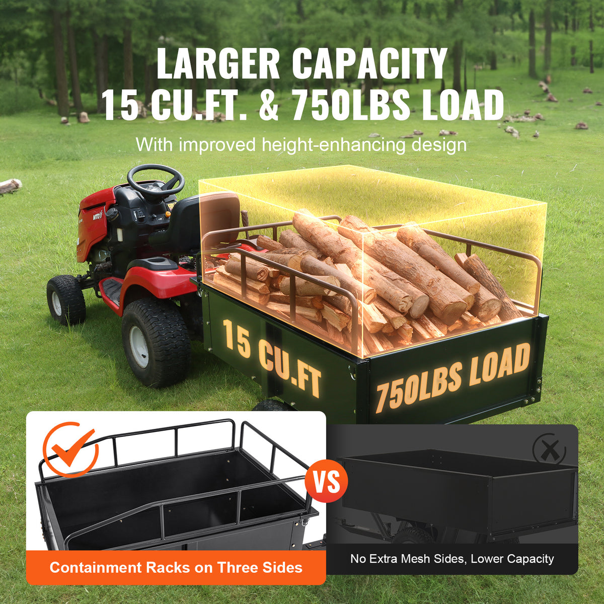 VEVOR Heavy Duty Steel ATV Dump Trailer, 750/1500-Pound Load Capacity 12/15 Cubic Feet, Tow Behind Dump Cart Garden Trailer, with Removable Sides and 2 Tires, for Mowers, Tractors, ATV, UTV