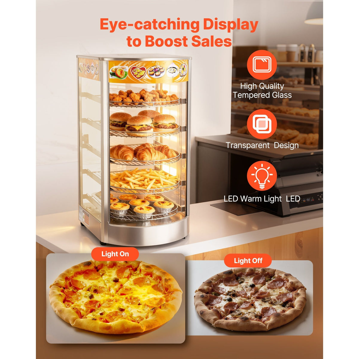 VEVOR 3-Tier/5-Tier Commercial Food Warmer Display, 14inch/15 inch 800W Food Display Warmer with LED Light, Adjustable Shelf and Stainless Steel Frame, 86℉~185℉ Air Heating, 34L for Hamburger, Pizza, Bread, Fried Chicken