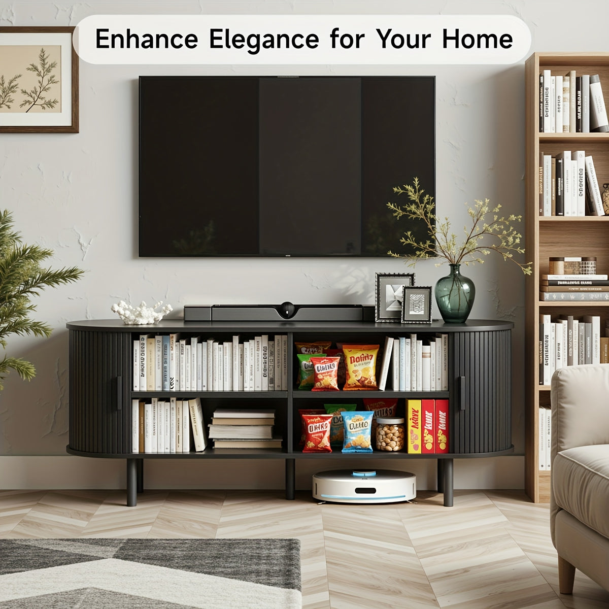 PAZCASA 70.8 Inch/55 Inch TV Stand with Power Outlet for Tvs Up to 75 Inches, Entertainment Center with Storage And Adjustable Shelves, Modern Media Console with Sliding Doors for Living Room, Walnut/Black/Oak