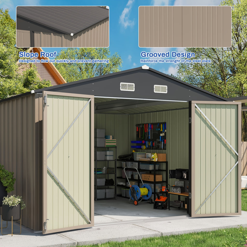 GUNJI 10X10 FT & 8 X 8 FT Outdoor Steel Storage Shed Metal Building Tiny House Lockable Door, Vertical Outside Storage Building For Garden, Backyard, Lawn, Patio Utility, Tool Storage, Bike Carport, Free Shipping