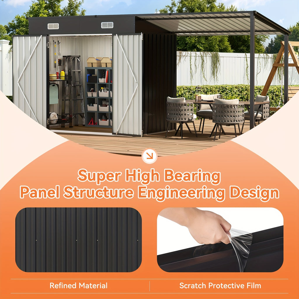 6x4/5x3/8x6ft Outdoor Storage Shed & Hardtop Gazebo Combo, 2-in-1 Outdoor Combo, Metal Lean to Shed with Open-Sided Pergola, Durable Garden Tool Shed for Patio, Backyard, Deck..