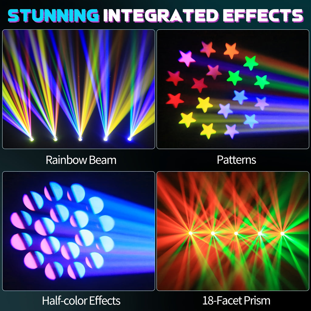 250W High-Power LED Moving Head Beam Light Featuring a 7+1 Color Wheel, 11+1 Gobo Wheel, And Rainbow Effect. Controlled Via DMX512, Auto, Master/Slave, Or Sound-Activated Modes. Ideal for Bars, Clubs, KTV, Birthday Parties, And More