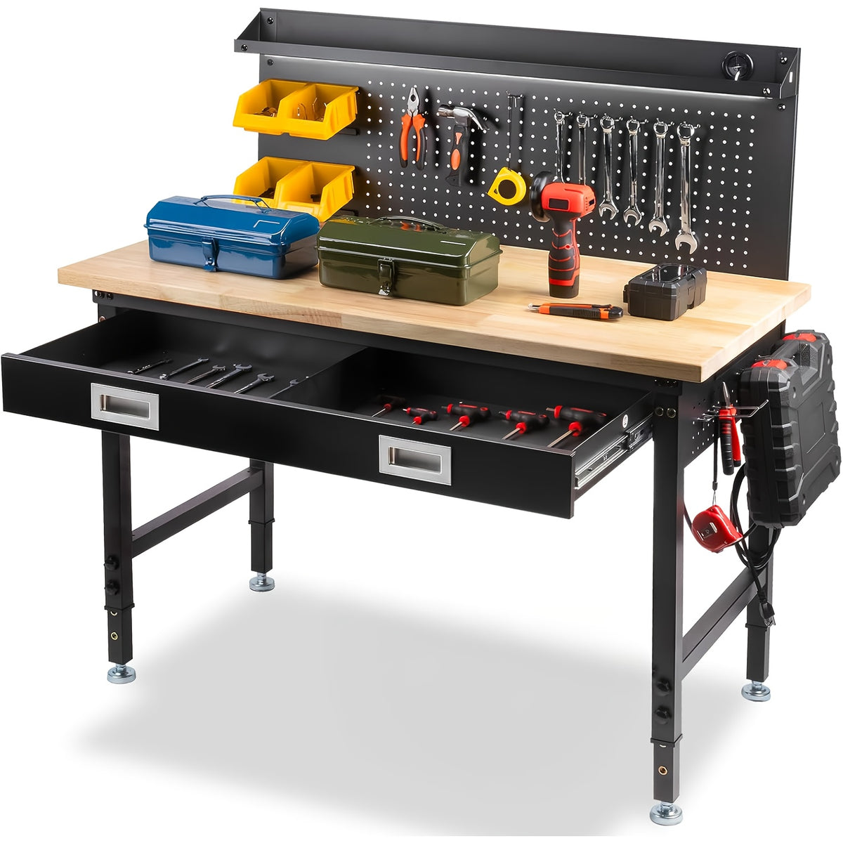 96"84"72"60"48"Adjustable Height Workbench with Power Outlet & Pegboard, 28"-40"Height Heavy Duty Solid Wood Work Table with 2000 to 5000 LBS Load Capacity for Garage, Shop, Office, Home
