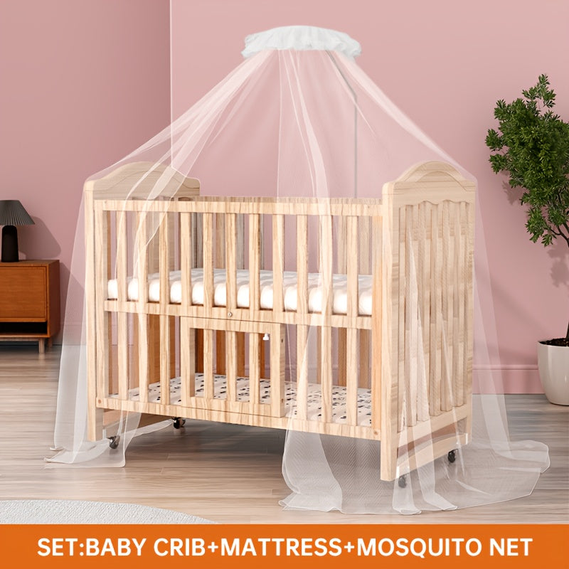 Non-full-size Wooden Convertible Crib with a Dome-shaped Mosquito Net and 3-inch Sponge Mattress, Convertible into a Rocking Bed. Features a Three-position Adjustable Bed Base Height and Oversized Storage Space at the Bottom. Equipped with TPR Steel