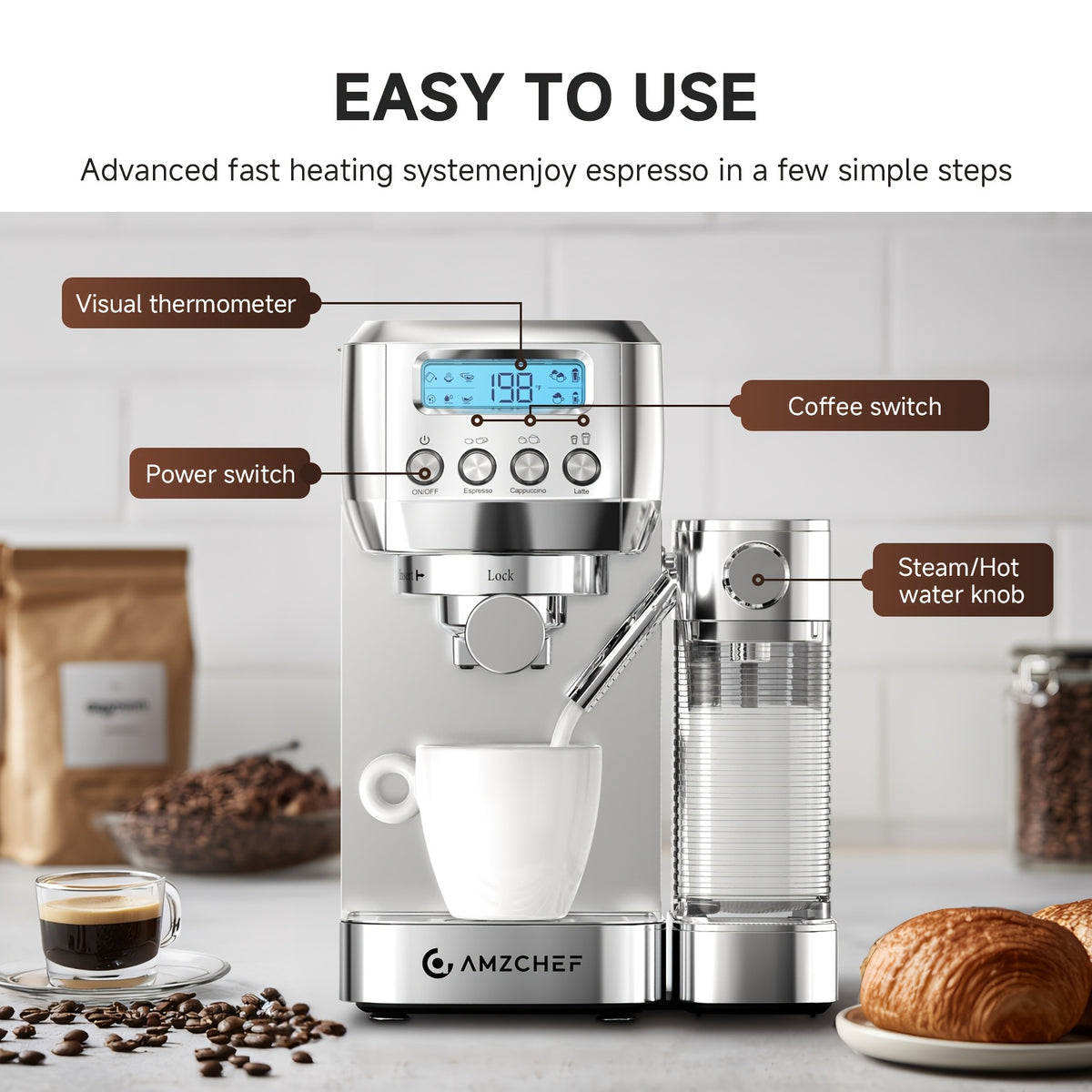 AMZCHEF Coffee Maker Machine 20 Bar, Dual Boiler Espresso Machine with Touch Control, Cappuccino Machines with Automatic Milk Frother, Latte Coffee Maker with Dual Wall And Filters, Gifts for Men/Family, Silver