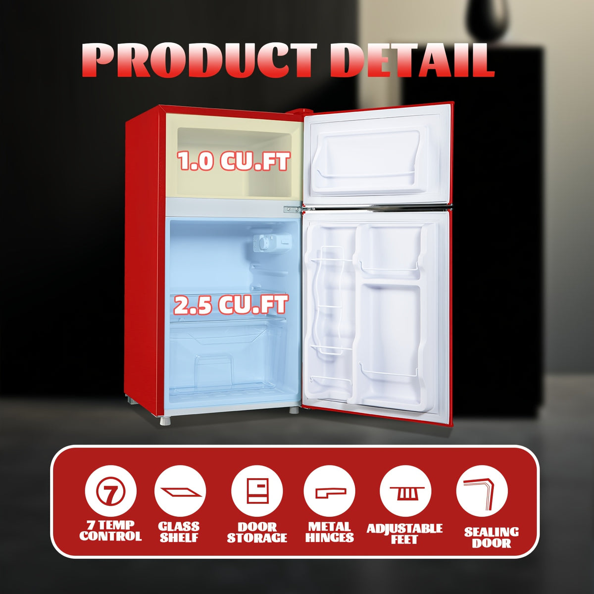 WANAI 3.6 Cu.Ft Mini Fridge with Freezer, 7 Adjustable Thermostat, Low Noise Small Refrigerator, Single Door Compact Refrigerator for Dorm, Office, Bedroom