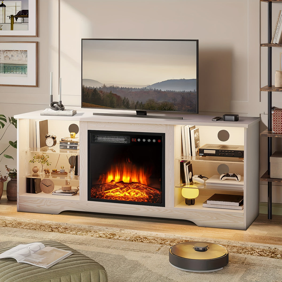 Fireplace TV Stand for TVs Up to 65 Inches Console with 18'' Electric Fireplace & Remote, Adjustable Glass Shelves & Storage Cabinets, Electric Fireplace with Heater, Hardwood/Engineered Wood Construction, Modern Entertainment Center for Living Room