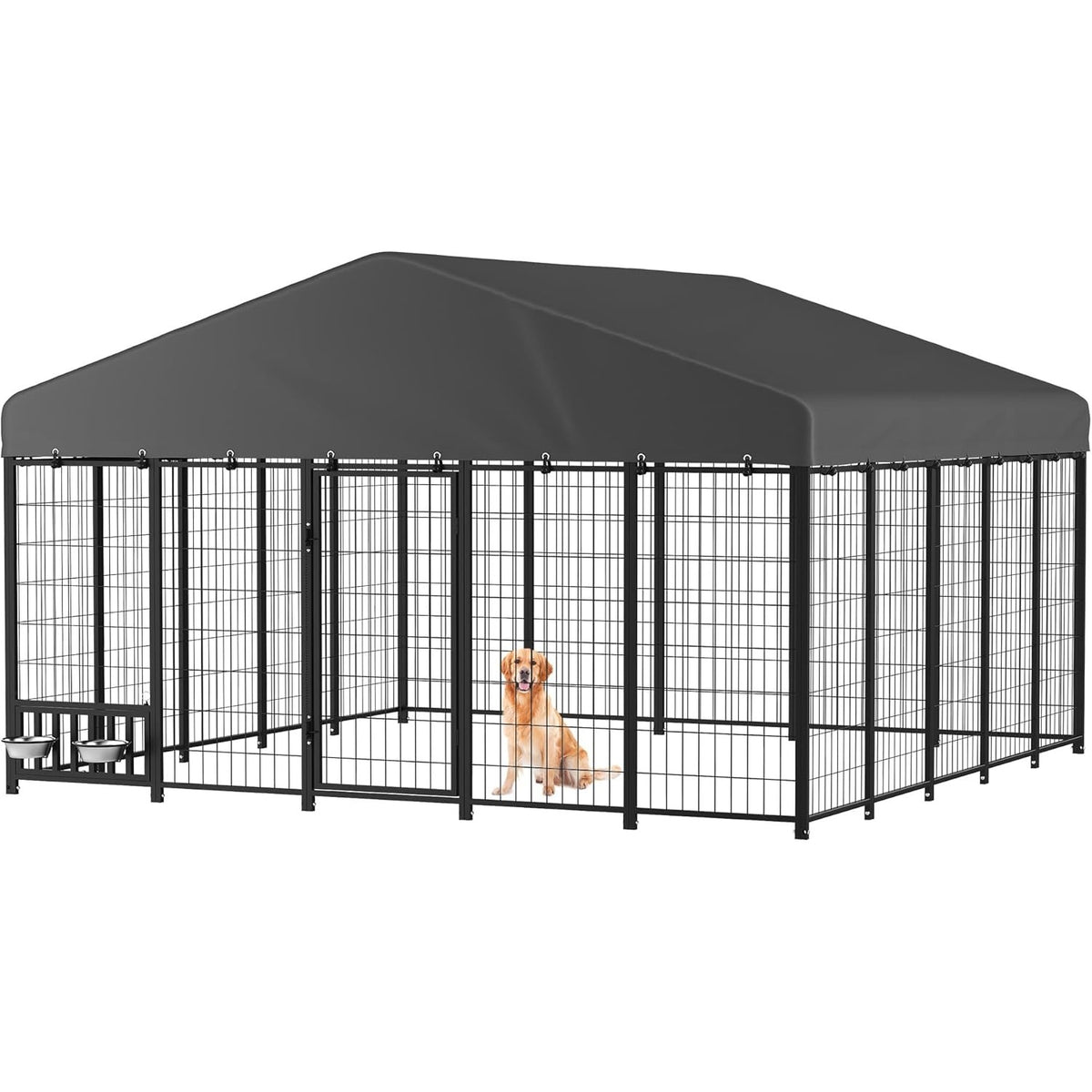 Heavy Duty Outdoor Dog Kennel for Yard, 10x10 Large Chain Link Fence with Roof, Dog Run Enclosure with Self-Locking Latch & Feeding Bowl