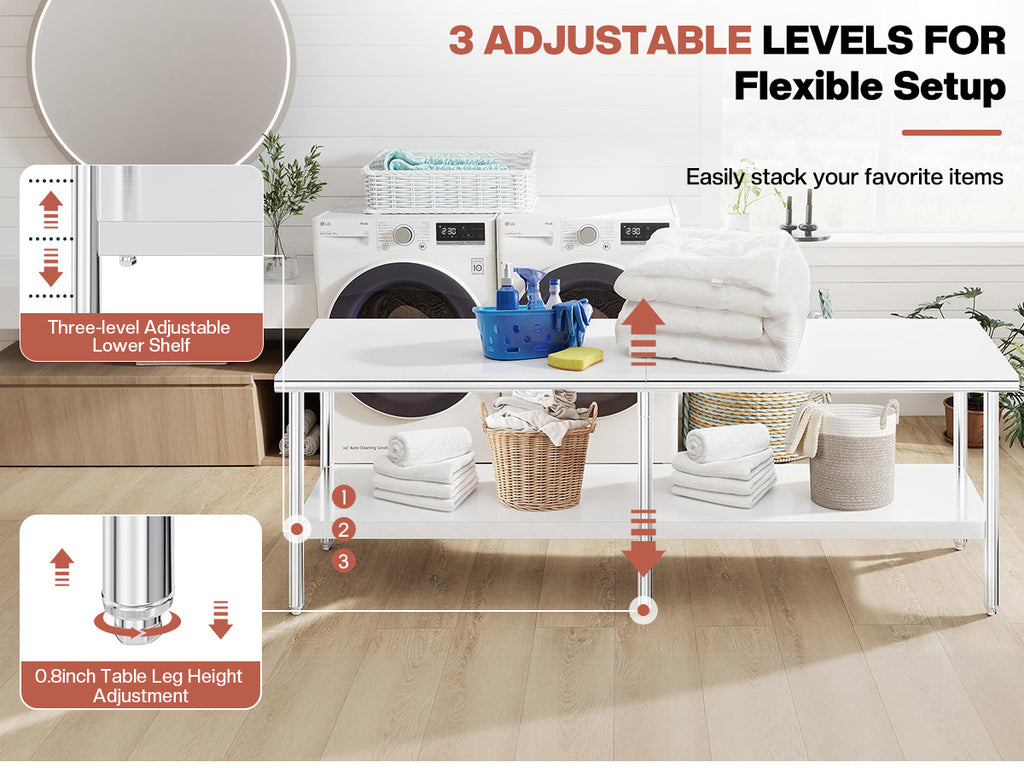 30×48–30×108 Inch Stainless Steel Commercial Work Table with Rounded Corners Adjustable Shelf And Feet for Kitchen Garage Gardening