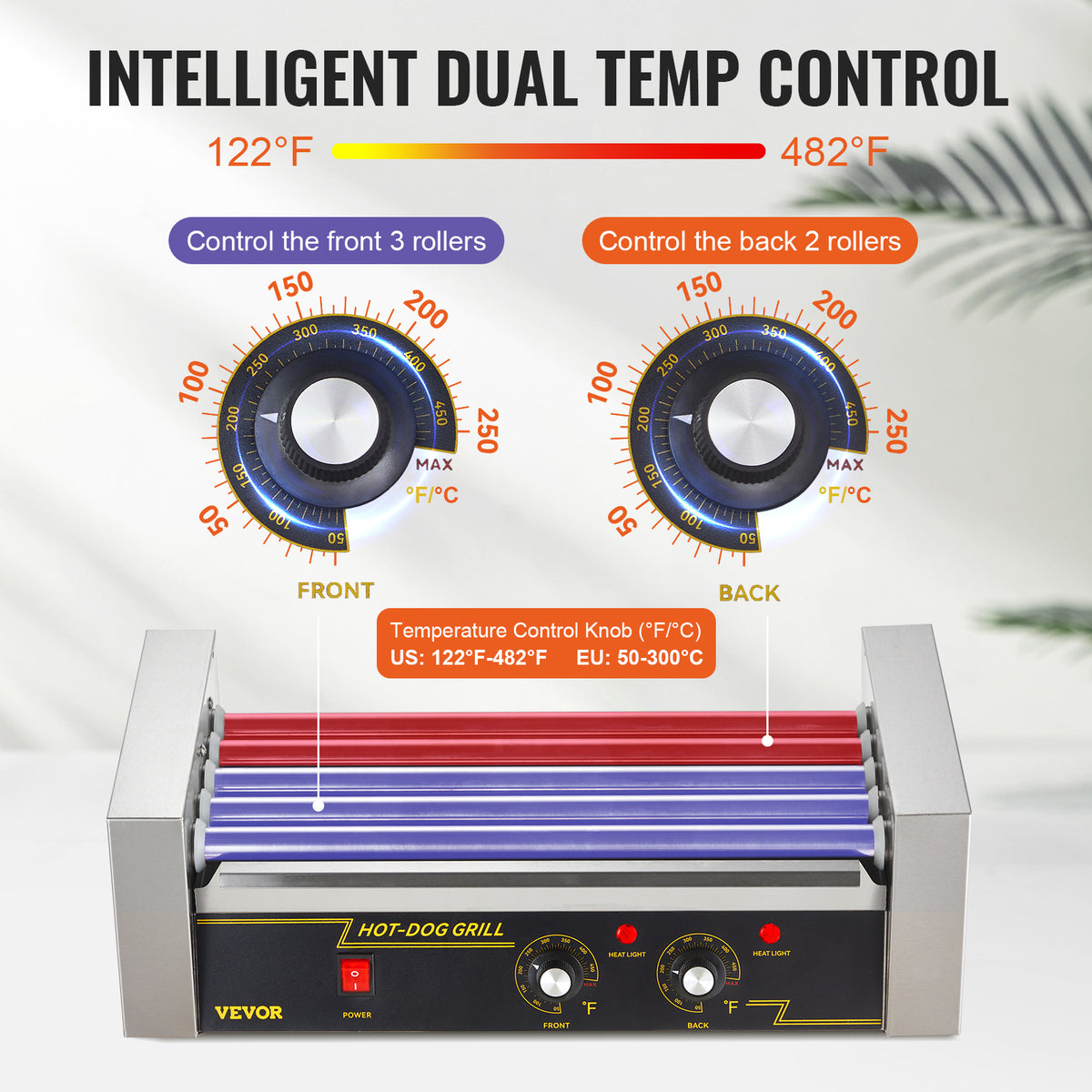 VEVOR Hot Dog Roller 5 Rollers 12 Hot Dogs /7 Rollers 18 Hot Dogs Capacity, Stainless Sausage Grill Cooker Machine with Dual Temp Control Glass Hood Acrylic Cover Bun Warmer Shelf Removable Oil Drip Tray