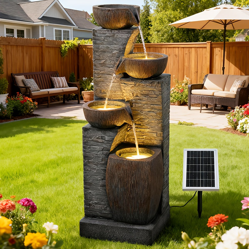 Solar Outdoor Water Fountain, 38.2-Inch 4-Tier Cascading Bowls and Stacked Stones with LED Lights