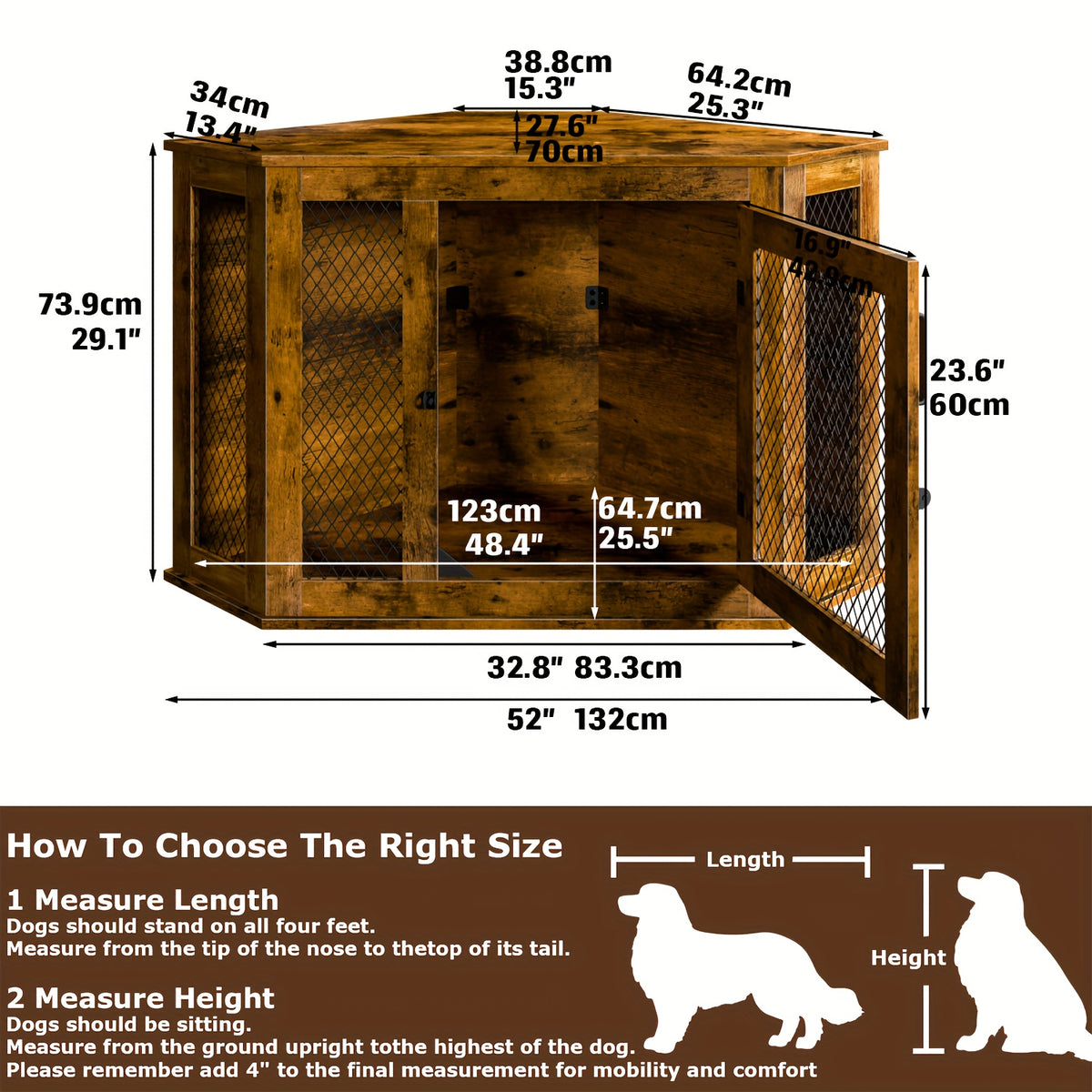 Furniture Corner Dog Crate, 52" Wooden Dog Kennel Furniture End Table with Mesh, Indoor Pet Crate Side Table for Small Medium Dogs Puppy, Perfect for Limited Room