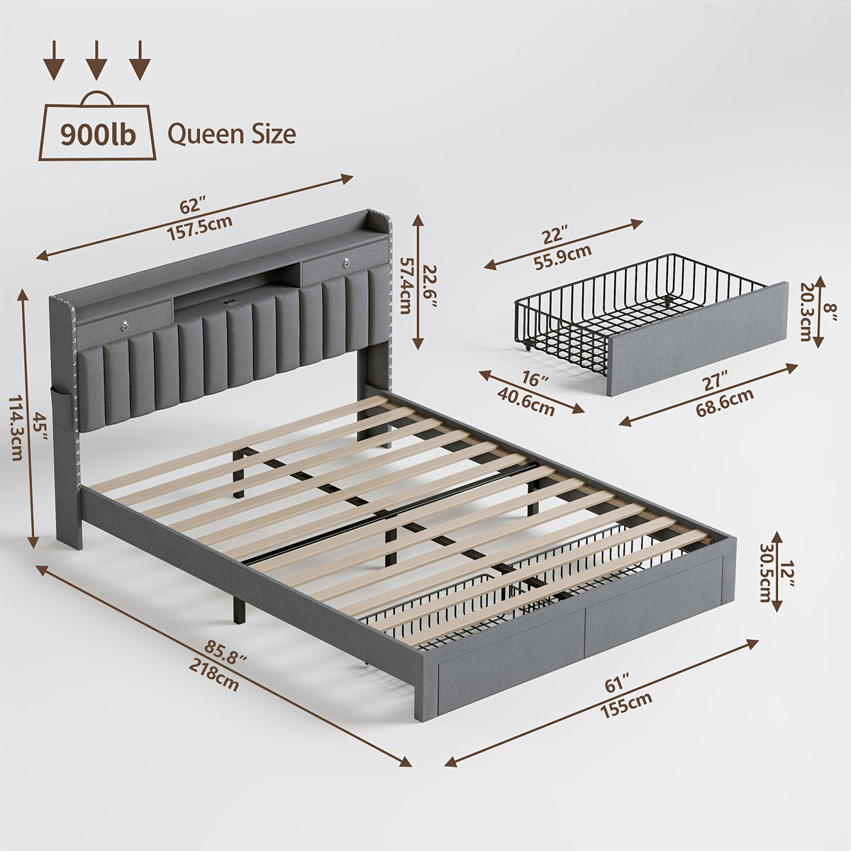 MRAEER Furniture Offers a Tri-Color Upholstered Bed Frame Available in Full, Queen, And King Sizes, Featuring Four Drawers And a Charging Station. Mattress Not Included, Operates Silently, And Does Not Require a Box Spring