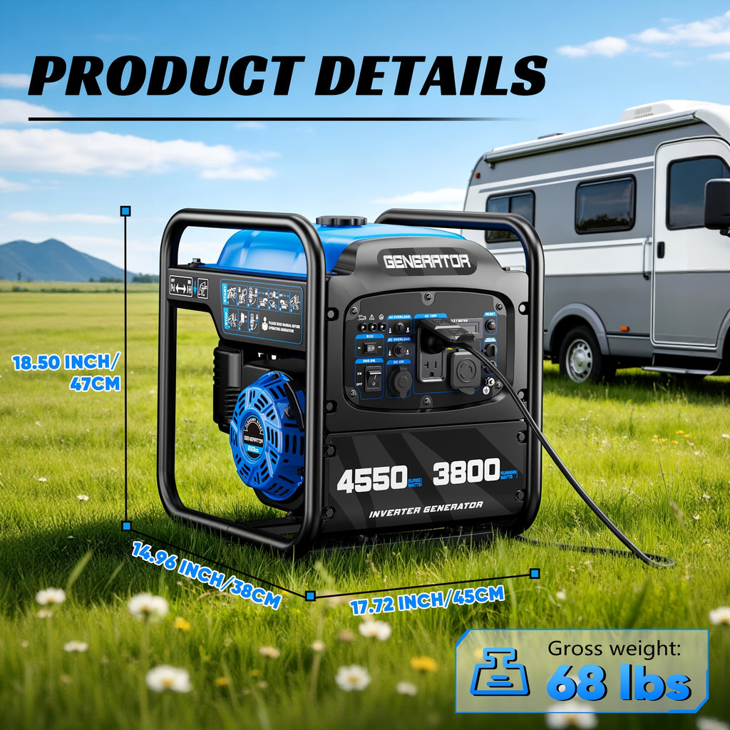 4550W Portable Inverter Generator, 3800W Rated, 223Cc 4-Stroke Gas Powered Engine, Pure Sine Wave for Sensitive Electronics, RV Ready with 30A Outlet, Home Backup, Camping, Emergency