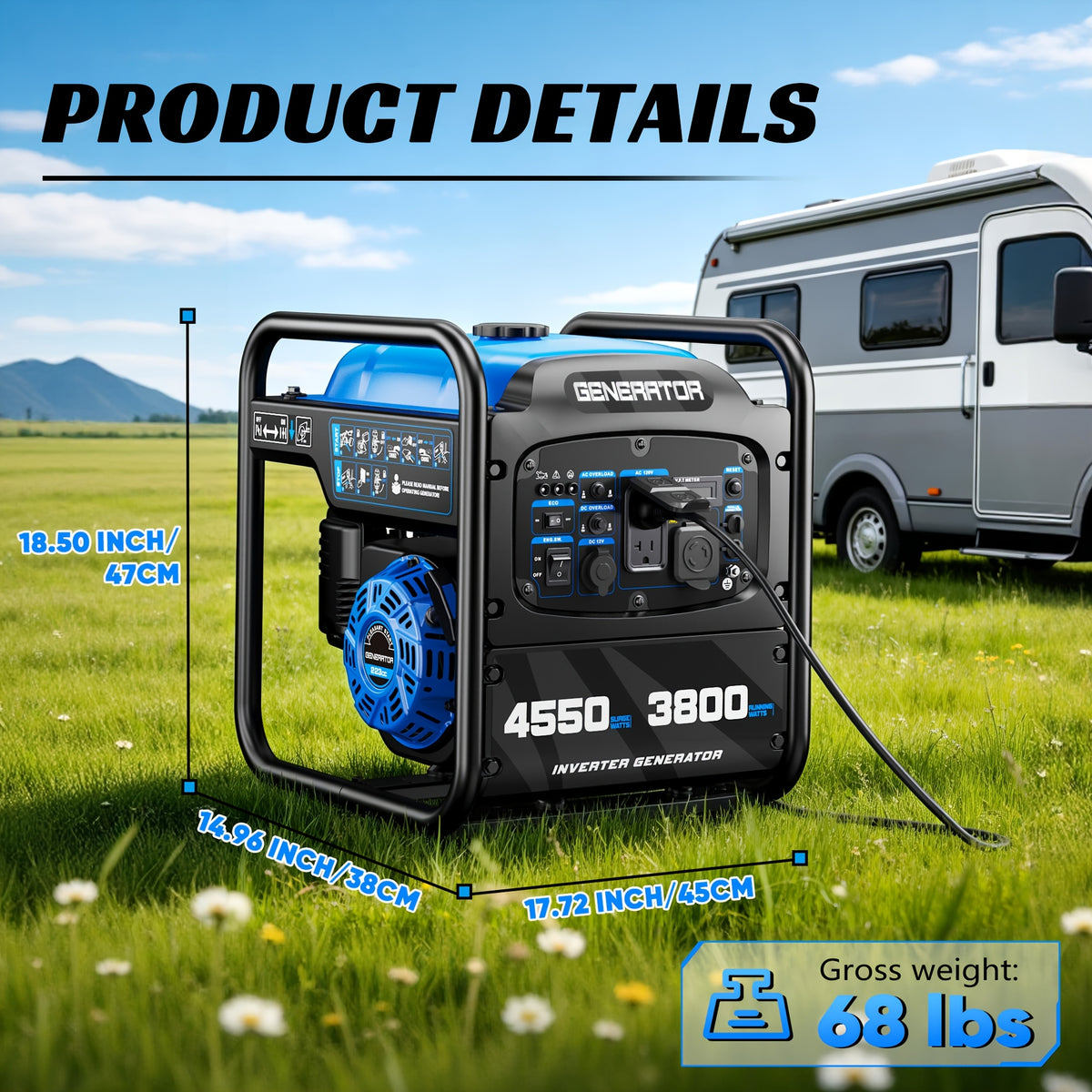 4550W Portable Inverter Generator, 3800W Rated, 223Cc 4-Stroke Gas Powered Engine, Pure Sine Wave for Sensitive Electronics, RV Ready with 30A Outlet, Home Backup, Camping, Emergency