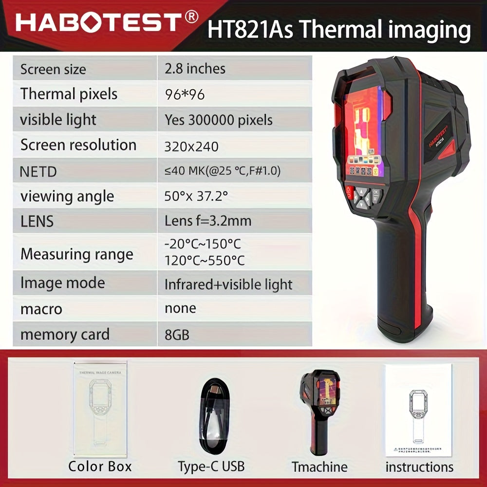 HABOTEST HT821A Portable Wide-Range Thermal Imager (-20°C to 550°C) | 320X240 Resolution | 8GB + USB | Multi-Palettes And LED Light