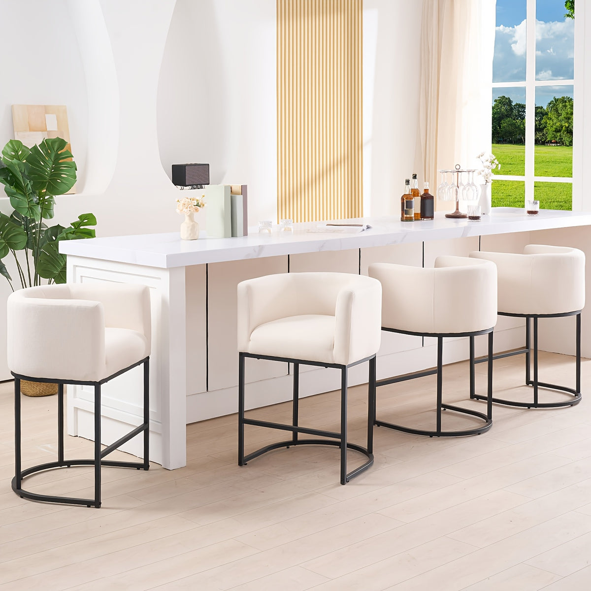26-Inch Tall Modern Barrel-Shaped Beige Bar Stool - Bar Stool with Ergonomic Backrest And Armrests, Linen And PU Fabric Cushion And Sturdy Black Metal Frame, Suitable for Kitchen Islands, Breakfast Bars, And Home Decoration