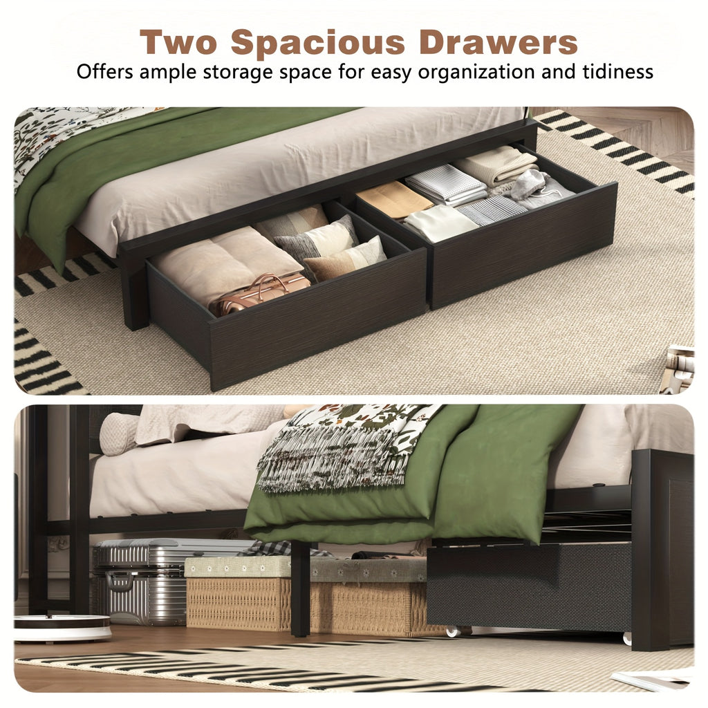 Farmhouse Bed Frame with Storage Headboard, LED Lights, Charging Station and 2 Drawers, Arrow Design, No Box Spring Needed, Rustic Brown