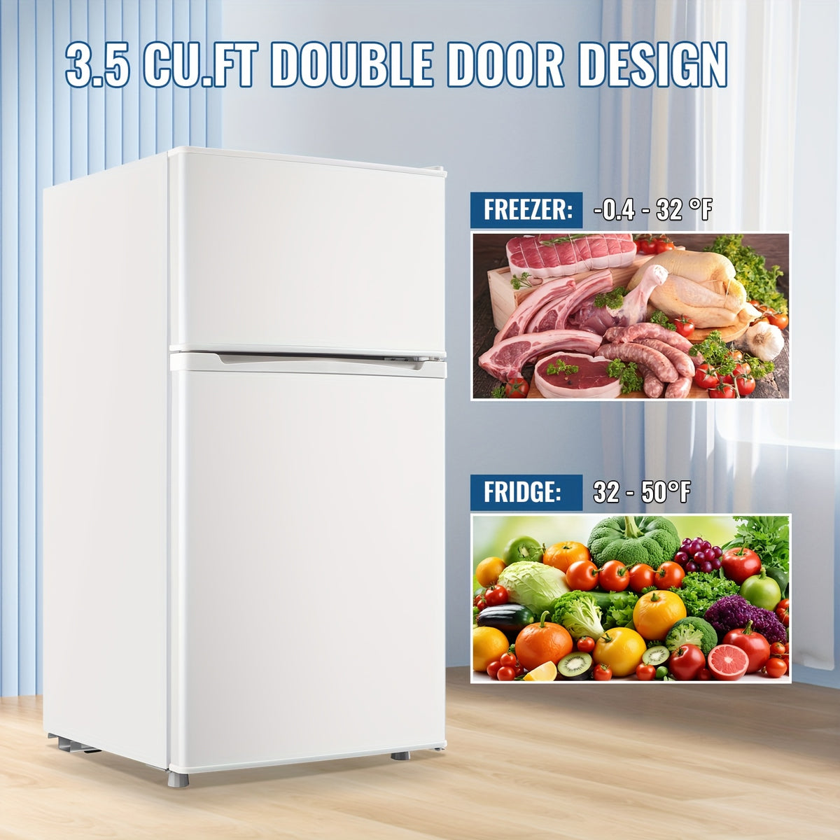 3.5/2.5 Cu.ft Small Fridge With Freezer 2-Door Compact Refrigerator 7-Level Adjustable Thermostat, Removable Shelves And Bakset, Perfect For Dorm, Office, RV, Bedroom, White