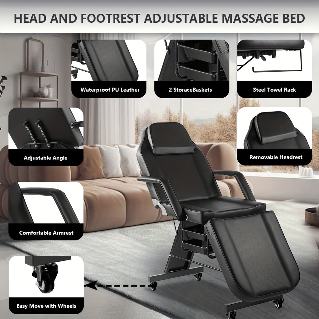 Facial Chair with Wheel Tattoo Chair for Client Beauty Chair Artist Spa Bed Removable Headrest for Client, Esthetician, Artist, Lash Bed Black