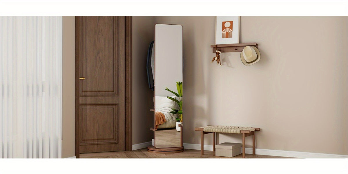 Full Length Mirror with Coat Rack & Storage, 360° Rotating Solid Wood Standing Floor Mirror with Shelves for Bedroom, Entryway, Dressing Room