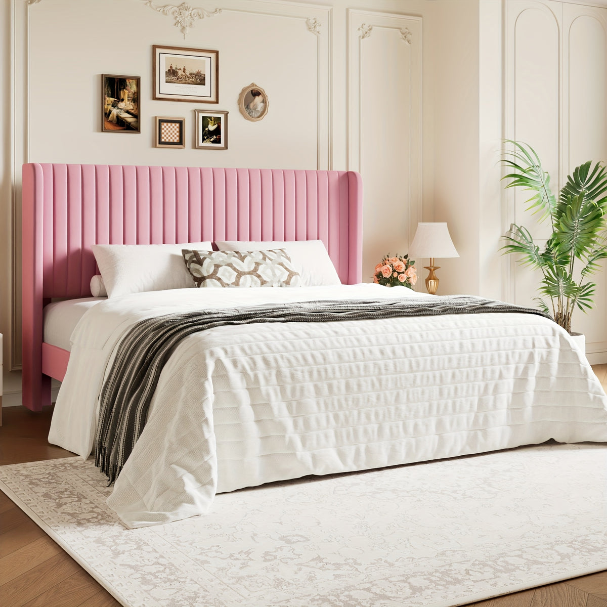 WEEWAY Wingback Velvet Upholstered Platform Bed Frame, Vertical Channel Tufted Headboard, Wooden Slats Support, Heavy Duty Mattress Foundation, No Box Spring Needed, Easy Assembly, Avabliable Full/Queen/King Size, Free Shipping