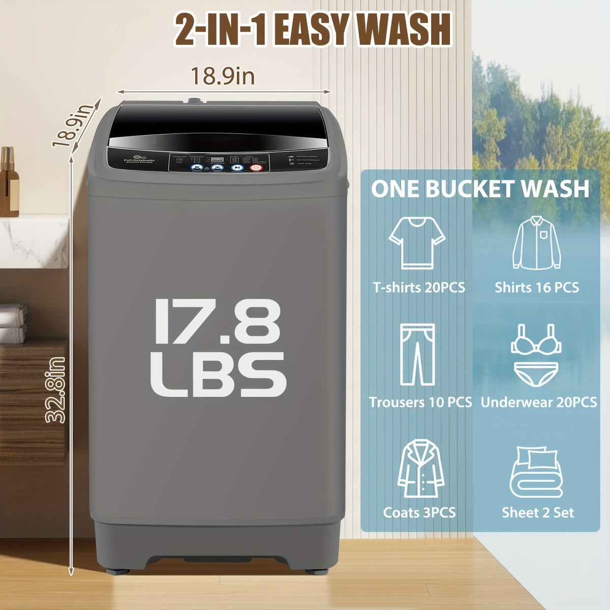 Portable Washing Machine 17.8Lbs/15.6Lbs Large Capacity, Full Automatic Washing Machine with 10 Programs And 8 Water Levels Selections, LED Display, Low Noise, Small Washing Machine for Apartment, Home, Dorms, Apartment Laundry, Compact Laundry Solution,