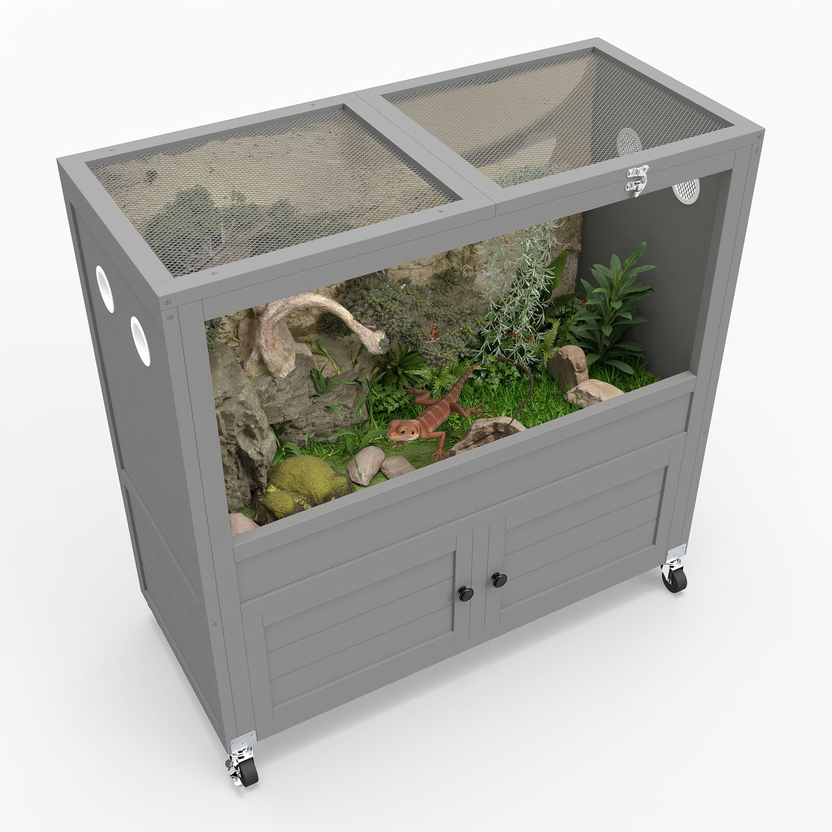 [Reptile Terrarium Stand] 50 Gallon Reptile Terrarium Stand, Adjustable Storage Cabinet, Wheels & Metal Mesh Roof Door, Reptile Habitat Enclosure for Snake/Lizard/Gecko/Tortoise