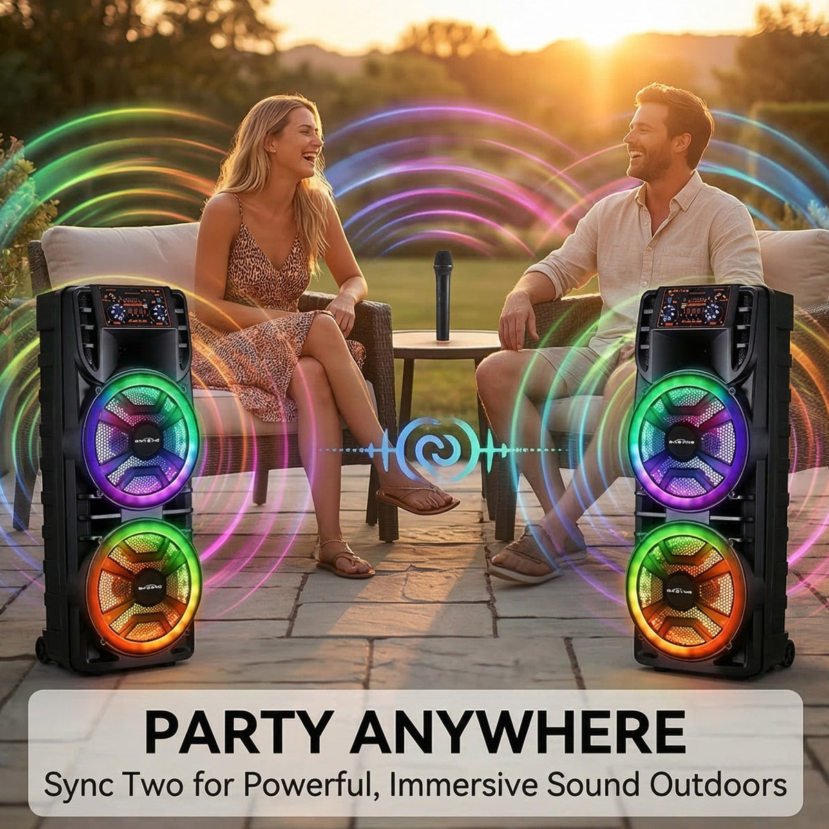 Rechargeable Bluetooth Party Speaker with Dual 12 Inch Woofers, Portable Karaoke System with Mic, RGB Lights, TWS, AUX/USB/TF/FM, Echo Control