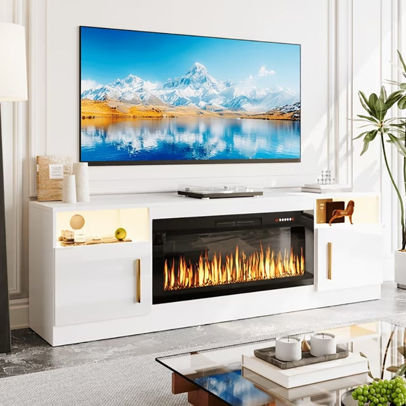 80" TV Stand Fireplace with 36" inch Electric Fireplace Up to 90" TVs, LED Light Entertainment Center, 80" Modern Wood High Gloss with Highlight Storage Cabinet for Living Room