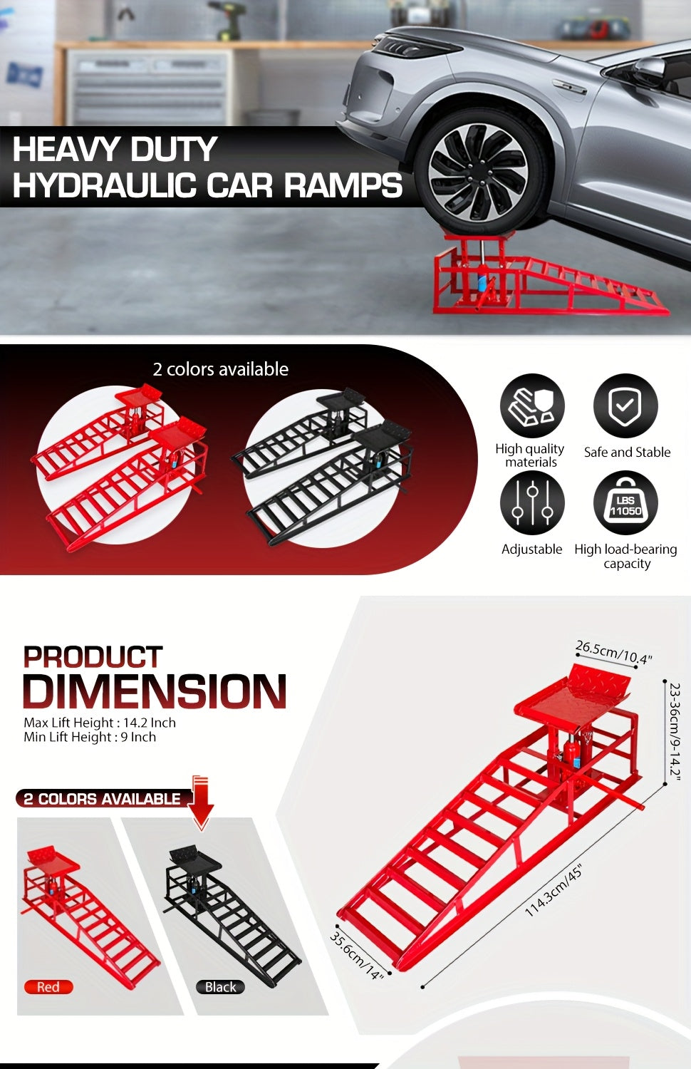 Car Ramps, 2pcs Hydraulic High-lift Service Vehicle Ramps, 5T (11050 Lbs), Car And Truck Wheel Ramps for Oil Change, with Supporting Crane, Suitable for DIY Shops And Car Beauty Shops