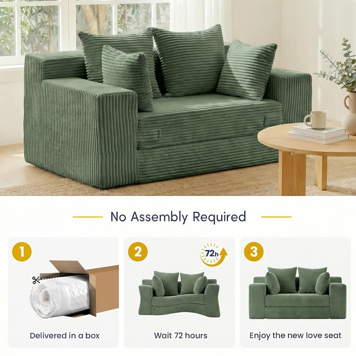 Boneless Couch Loveseat Sleeper, Convertible Sofa Bed Folding Couch Bed Foldable, 2 in 1 Boneless Chair And Futon Sofa Bed, Small Pull Out Sofa with 4 Pillows No Assembly, Compression Packing