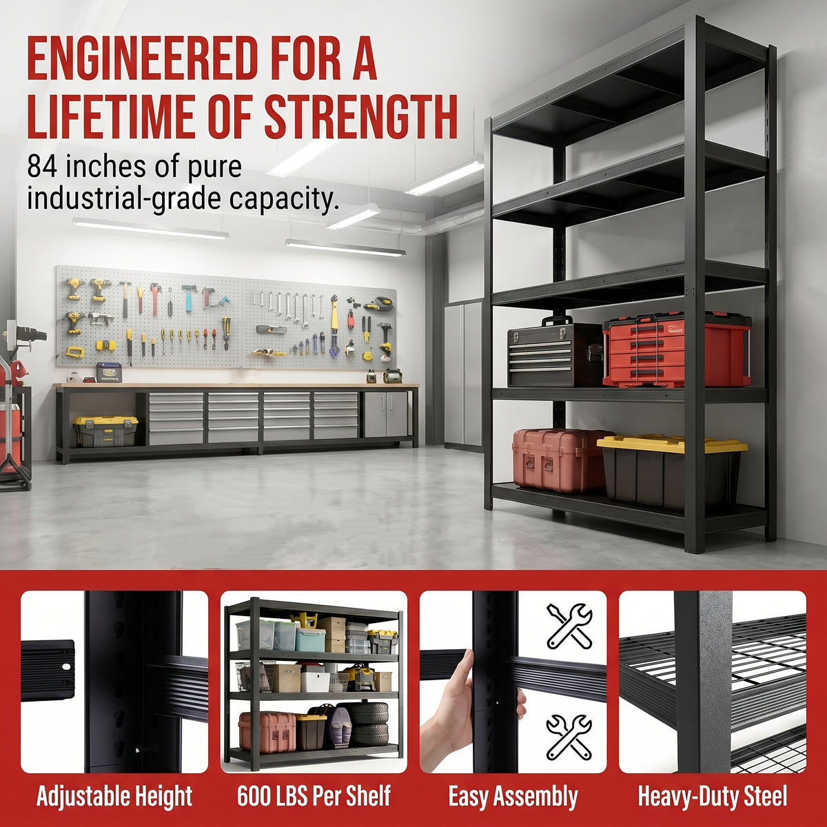 Heavy-Duty 5-Tier Metal for garage Storage Shelving, 55" W X 84" H X 24" D, Adjustable Storage Rack, 3000 LBS Load Capacity, Easy to Assemble. Ideal for Garages, Pantries, Closets Or Offices, Perfect for Garage Expansion, Multi-Purpose Storage Unit