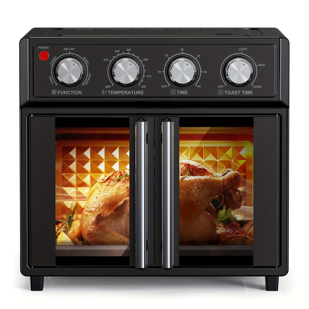 Plumchef 29.5QT Large Capacity French Double-Door Air Fryer Convection Toaster Oven - 1700W, 14 Preset Menus, 7-In-1 Multi-Function (Bake Roast Grill Toast Dehydrate Defrost), Stainless Steel, Silvery