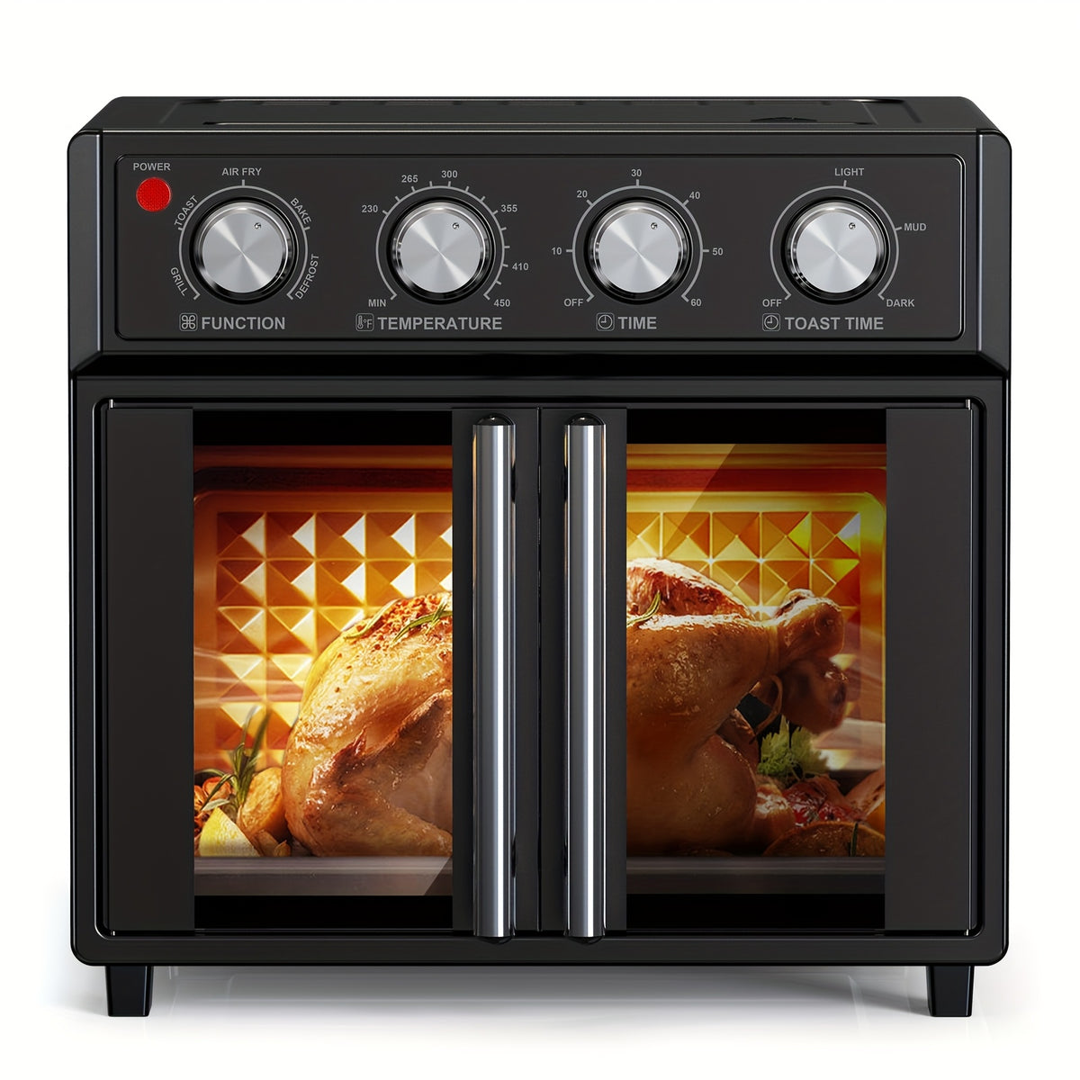 Plumchef 29.5QT Large Capacity French Double-Door Air Fryer Convection Toaster Oven - 1700W, 14 Preset Menus, 7-In-1 Multi-Function (Bake Roast Grill Toast Dehydrate Defrost), Stainless Steel, Silvery