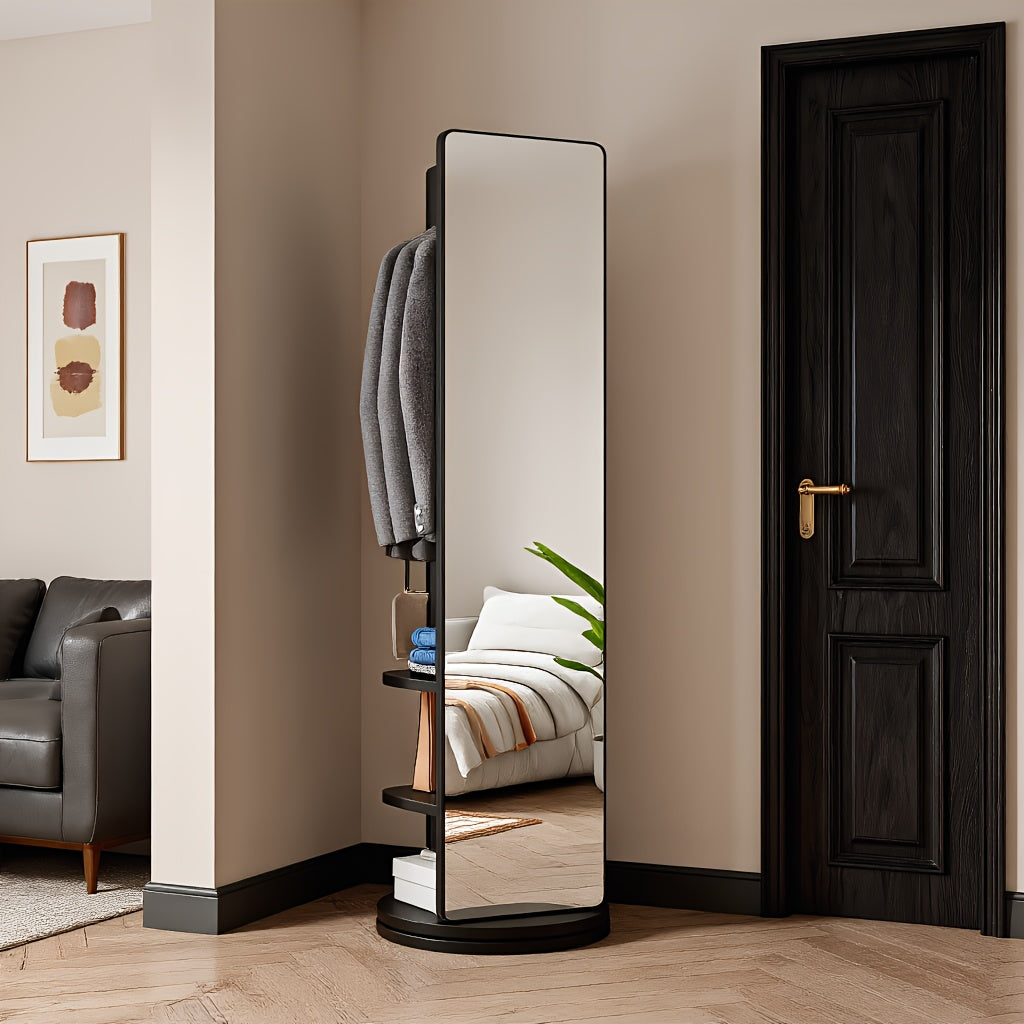 Full Length Mirror with Coat Rack & Storage, 360° Rotating Solid Wood Standing Floor Mirror with Shelves for Bedroom, Entryway, Dressing Room