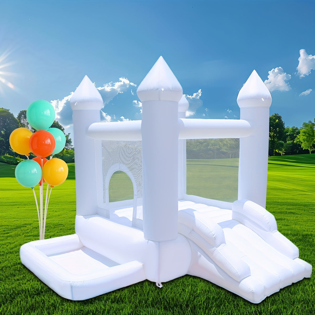 White Inflatable Castle, Suitable For Both Indoor And Outdoor Use, Equipped With A Blower, Ball Pit And Slide, Easy To Install, Suitable For Various Activities And Birthday Parties, Can Play For 2-3 Children.