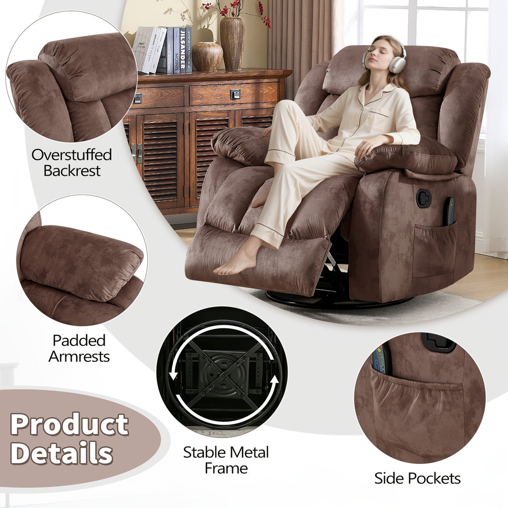 Massage Swivel Rocker Recliner Chair with Heat And Vibration, 360 Degree Swivel Manual Recliners Antiskid Fabric Single Sofa Heavy Duty Reclining Chair for Game & Recreation Room Furniture