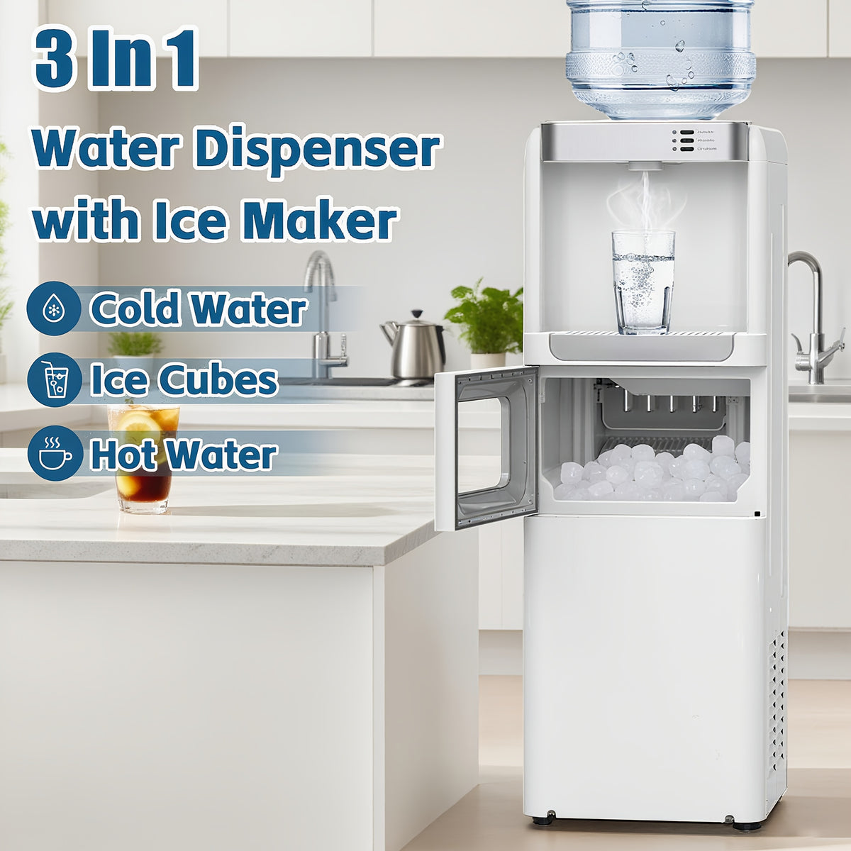 ADVWIN 3-in-1 Ice Maker & Water Dispenser Machine, 35Lbs/24H, with Hot/Cold Water, Top Load for 3/5 Gallon Jugs, Child Safety Lock, for Home, Kitchen, Office, Indoor Use