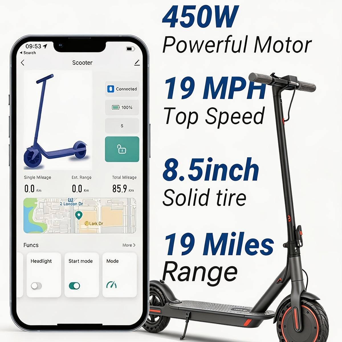 LADPED Commuter Foldable Electric Scooter for Adults, Smart App, 450W/500W Motor, 36V-48V Battery, with 8.5-14inches Tyres, 15-20MPH Speed, LCD Dashboard, LED Headlight Taillight, Integrated Bell, Duty Aluminum Alloy Frame, 265 LBS Weight Limit