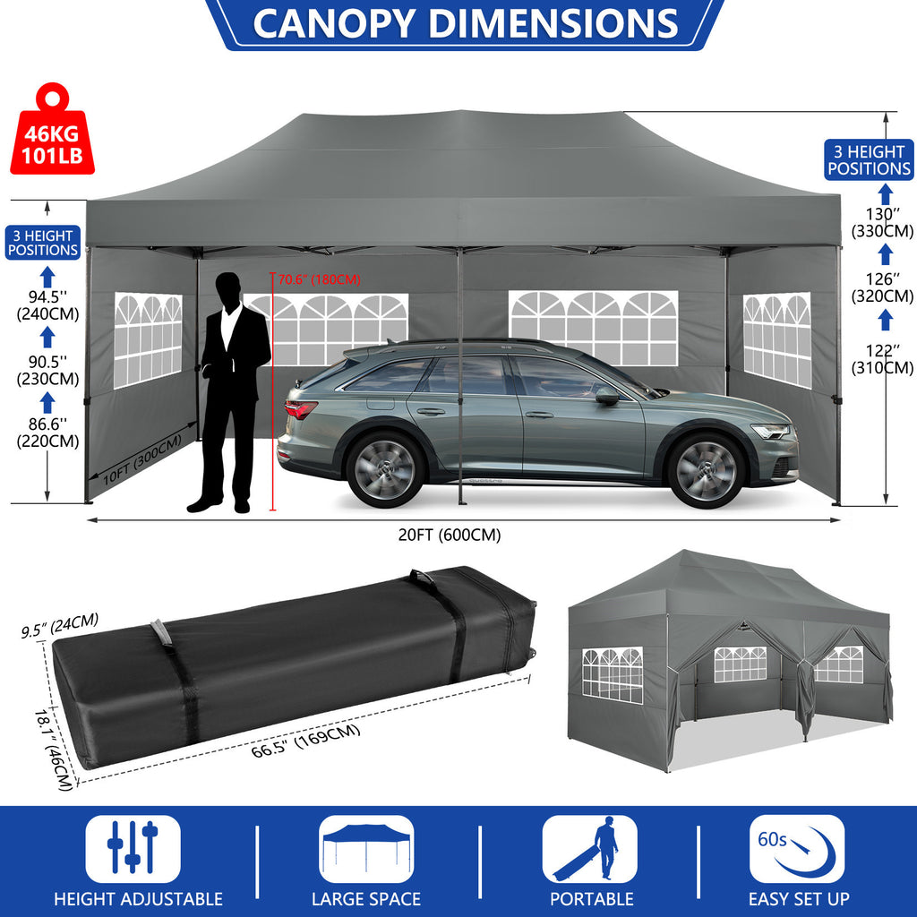 10x20 Pop Up Canopy Tent, Heavy Duty Canopy with 6 sidewalls, Easy Up Commercial Outdoor Canopy, Wedding Party Tents for Parties, All Season Wind & Waterproof Gazebo with Roller Bag, Pop Up Canopy for Wedding, Commercial Areas, Playgrounds, etc