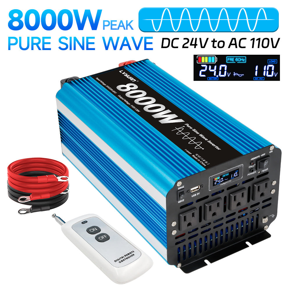 Pure Sine Wave Inverter 8000W (Peak)Car Power Inverter Efficient 12V/24V DC To 110V 120V AC With LCD Display And Remote & Troubleshooting, 4 US Sockets For Vehicles Car Chargers For Home Solar System RV Vans, Without Battery