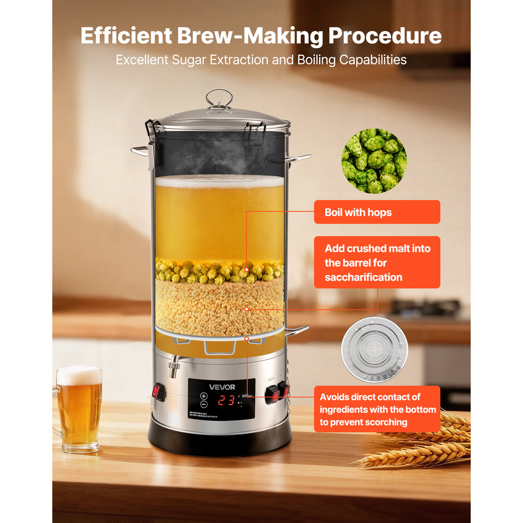 VEVOR Beer Brewing Equipment, 8 Gal/30L 304 Stainless Steel Home Beer Brewer,1500W All-in-One Home Brewing Kit, Tall strainer, Integrated Inner Barrel & Reinforced Handle