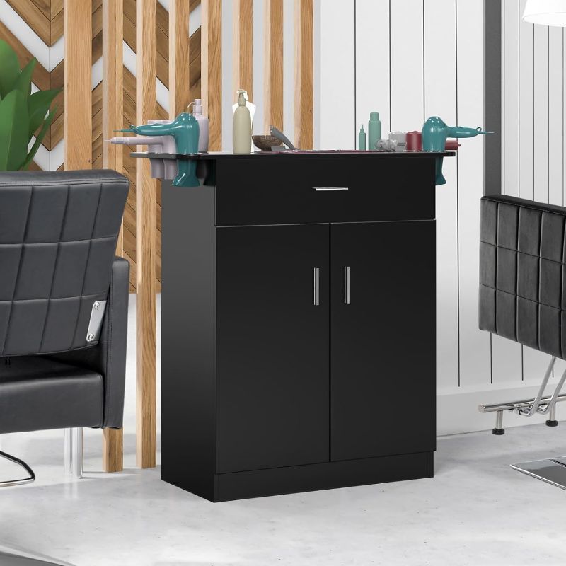 OmySalon Professional Salon & Spa Storage Station - Free Standing Barber Cabinet with Drawer, Large Storage Compartment, and 6 Hair Dryer Holders - Durable PVC, Hypoallergenic, Black