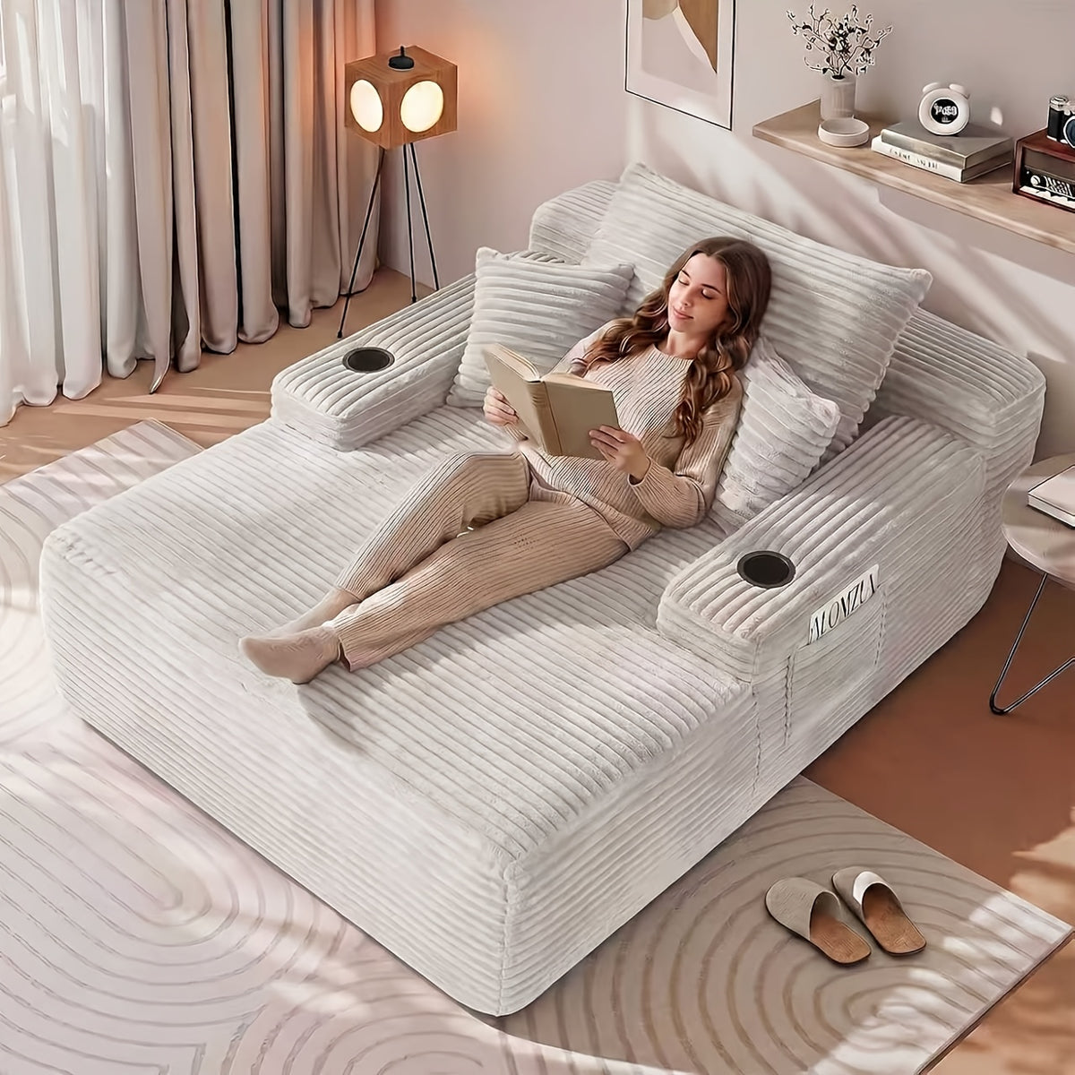 65-Inch Oversized Boneless Chaise Lounge with Cup Holders and Side Pockets, Includes 3 Pillows
