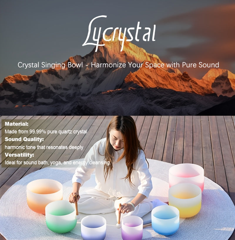 432Hz 7pcs Set Of 6-12 Inch Aria Gradient Design Frosted Quartz Crystal Singing Bowls with Free 2pcs Travel Carry Case Bag.
