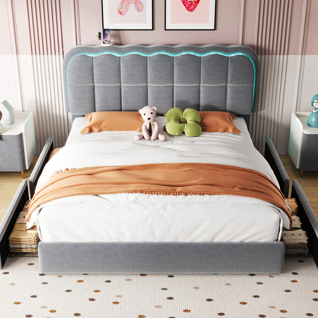 MRAEER Twin/Full/Queen Bed Frame | LED Lighting, 2/4 Storage Drawers, Cloud-Style Soft Headboard, Velvet Modern Platform Bed, Mattress Not Required, Halloween/Christmas Gift, White/Pink/Grey, Hardwood and Metal Construction